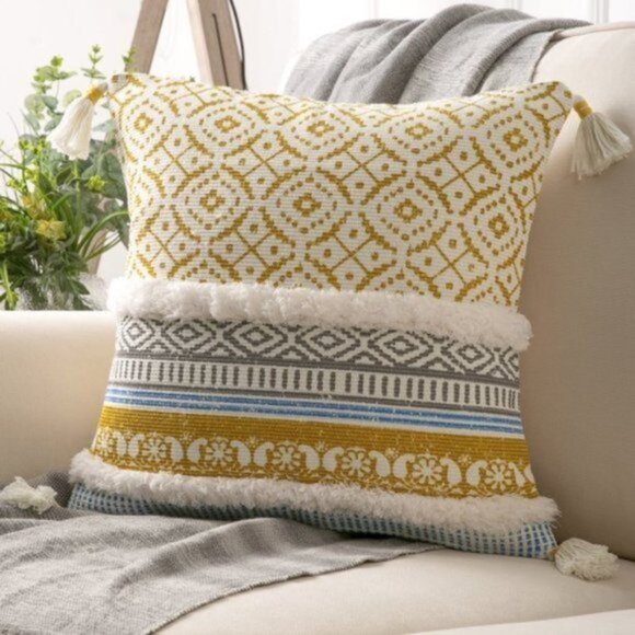 Boho Woven Decorative Pillow Cover | 18" x 18" | Yellow | Tufted with Tassels - Picture 1 of 8